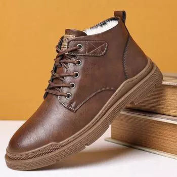 Мужские зимние зимние ботинки на меховой подкладке. Уличные противоскользящие ботильоны. Повседневная теплая обувь с высоким берцем для мужчин. Спортивные кожаные ботинки на флисовой подкладке со шнуровкой.