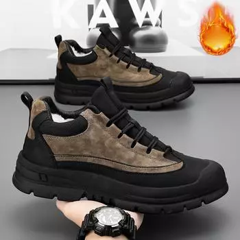 Мужские зимние зимние ботинки на меховой подкладке, уличные нескользящие теплые ботильоны на шнуровке, спортивные короткие ботинки из искусственной кожи, походная обувь на флисовой подкладке для мужчин