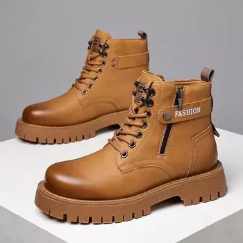Мужские зимние зимние ботинки на меховой подкладке. Уличные противоскользящие ботильоны. Повседневная теплая обувь с высоким берцем для мужчин. Спортивные кожаные ботинки на флисовой подкладке со шнуровкой.