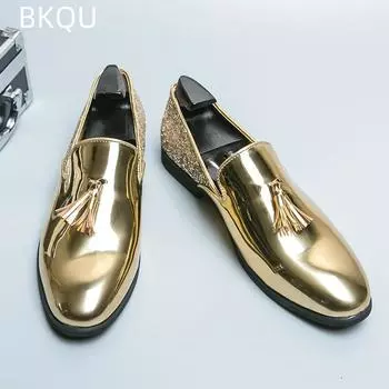 Мужские золотистые кожаные туфли с кисточками и блестками, сетчатый красный, популярный стиль, повседневная кожаная обувь, дышащая, удобная модная тенденция, большой размер 38 золотой