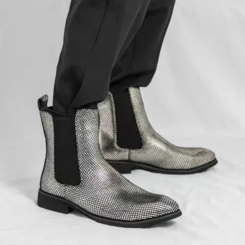 Мужские золотые ботинки челси, мотоциклетные ботинки в стиле ретро, уличный стиль, серебряные туфли для свадебных вечеринок и смокинга, мужские ботильоны больших размеров EU:38 золотой