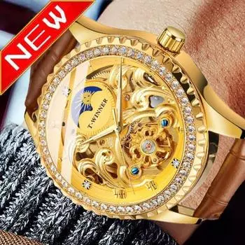 Мужские золотые скелетонированные часы из нержавеющей стали с турбийоном, механические часы класса люкс с бриллиантами и фазами Луны, автоматические часы золотой
