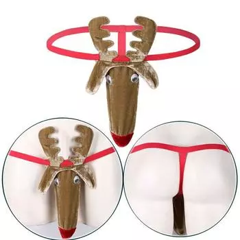 Мужское эротическое белье, секс-трусики, рождественский узор с оленями, сексуальные трусы с выпуклым мешочком, бикини с открытой попкой, стринги, нижнее белье One Size