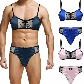 Мужское атласное нижнее белье, экзотические комплекты, ночная рубашка Sissy, прозрачная сетка в стиле пэчворк, бюстгальтер на тонких бретельках, топы с трусами, стринги, клубная одежда M