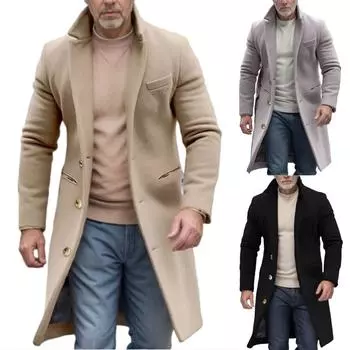 Мужское британское однотонное длинное пальто, модное теплое шерстяное пальто L