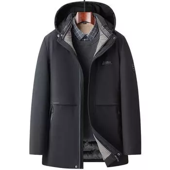 Мужское черное зимнее хлопковое пальто с флисовой подкладкой и капюшоном для людей среднего возраста, деловая мужская куртка для повседневных ситуаций L синий