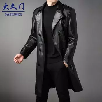 Мужское длинное кожаное пальто осень-зима новое бархатное двубортное деловое повседневное кожаное пальто с ремнем кожаная ветровка мужская куртка M