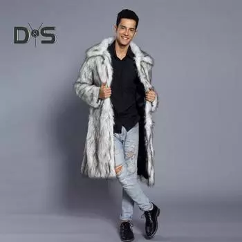 Мужское длинное пальто из искусственного меха с отворотом и длинным рукавом, ветрозащитное пальто с открытым передом, утолщенное теплое пальто из искусственного меха M чёрный