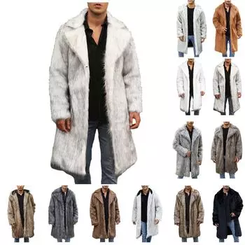 Мужское длинное пальто из искусственной шерсти животных, теплое пальто с отложным воротником, кардиган, зимняя флисовая куртка с открытым передом L чёрный