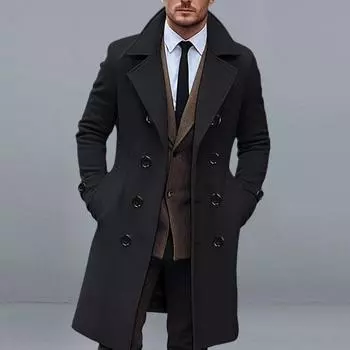 Мужское длинное шерстяное пальто с лацканами, длинный рукав, однотонная ветровка с карманами, двубортное, однотонное, средней длины XXL хаки