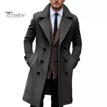Мужское длинное шерстяное пальто с лацканами, длинными рукавами, однотонная ветровка с карманами, двубортная однотонная верхняя одежда средней длины XXL темно-серого