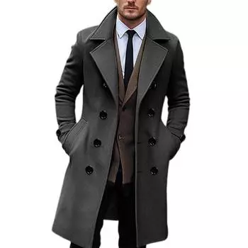 Мужское длинное шерстяное пальто с лацканами, длинными рукавами, однотонная ветровка с карманами, двубортная однотонная верхняя одежда средней длины XXL темно-серого