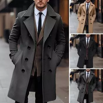 Мужское длинное шерстяное пальто с лацканами, длинный рукав, однотонная ветровка с карманами, двубортное XXL хаки