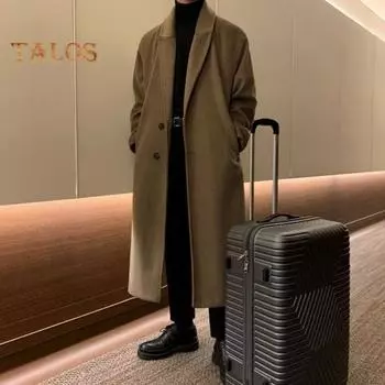 Мужское длинное шерстяное пальто с лацканами, длинными рукавами, однотонная ветровка с карманами, застежка на две пуговицы, однотонная верхняя одежда средней длины XXXL чёрный