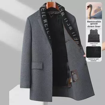 Мужское двухстороннее шерстяное пальто с мехом кролика, на пуху, на осень/зиму 175/L чёрный