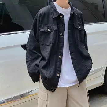 Мужское джинсовое пальто с лацканами, длинными рукавами, карманами с клапанами, однобортная куртка с клапаном L чёрный