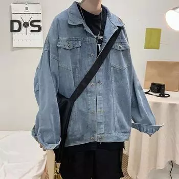 Мужское джинсовое пальто с лацканами, длинными рукавами, карманами с клапанами, однобортная куртка с карманами с клапанами, однотонная свободная верхняя одежда из денима XL чёрный