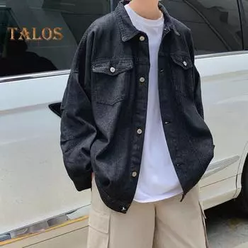 Мужское джинсовое пальто с лацканами, длинными рукавами, карманами с клапанами, однобортная куртка с карманами с клапанами, однотонная свободная верхняя одежда из денима L чёрный