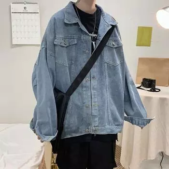 Мужское джинсовое пальто с лацканами, длинными рукавами, карманами с клапанами, однобортная куртка с карманами с клапанами, однотонная свободная верхняя одежда из денима L синий