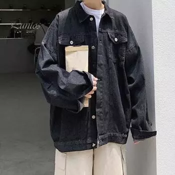 Мужское джинсовое пальто с лацканами, длинными рукавами, карманами с клапанами, однобортная куртка с карманами с клапанами, однотонная свободная верхняя одежда из денима XL чёрный