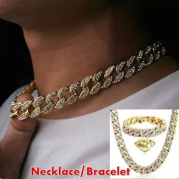 Мужское хип-хоп ожерелье или браслет Iced Out Bling Diamond Bracelet Miami Cuban Link Chain ожерелье Ювелирные подарки 8 inch(Bracelet) золотой