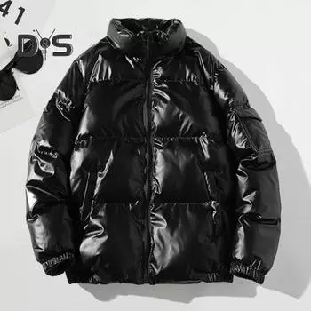 Мужское хлопковое пальто с эластичными манжетами и воротником-стойкой, с длинным рукавом, однотонное стеганое пальто с карманами, однотонная блестящая хлопковая верхняя одежда M чёрный