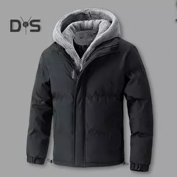 Мужское хлопковое пальто с капюшоном, длинным рукавом, плюшевой подкладкой, имитация двухкомпонентной куртки с застежкой-молнией, ветрозащитная, термоизоляционная верхняя одежда M чёрный