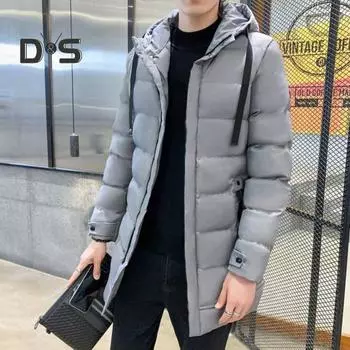 Мужское хлопковое пальто с капюшоном, длинным рукавом, застежкой-молнией, однотонная куртка с карманами, утолщенная стеганая верхняя одежда средней длины M серый