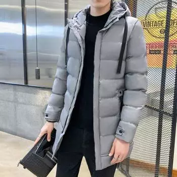 Мужское хлопковое пальто с капюшоном, длинным рукавом, застежкой-молнией, однотонная куртка с карманами, утолщенная стеганая верхняя одежда средней длины M чёрный
