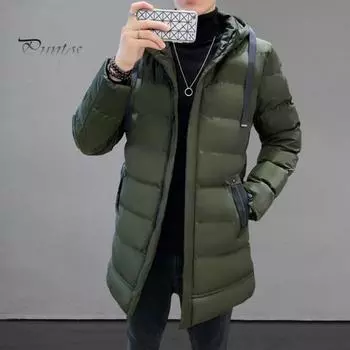 Мужское хлопковое пальто с капюшоном, длинным рукавом, застежкой-молнией, однотонная куртка с карманами, утолщенная стеганая верхняя одежда средней длины M армия зеленый