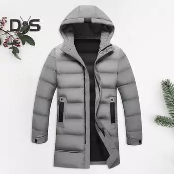 Мужское хлопковое пальто с капюшоном, длинными рукавами, карманами, длинный пуховик, застежка-молния, однотонные карманы, утолщенная повседневная верхняя одежда L серый
