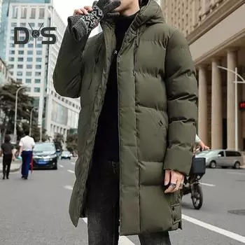 Мужское хлопковое пальто с капюшоном, длинными рукавами и шнурком, пуховик средней длины с карманами, однотонное утолщенное стеганое пальто M зелёный