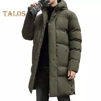 Мужское хлопковое пальто с капюшоном, длинными рукавами и шнурком, пуховик средней длины с карманами, однотонное утолщенное стеганое пальто M чёрный