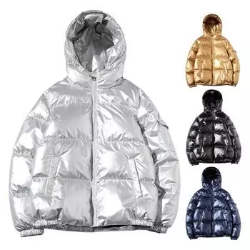 Мужское хлопковое пальто с капюшоном и длинным рукавом, стеганая куртка с глянцевой поверхностью и карманами, свободный крой, утолщенная теплая короткая верхняя одежда L серебряный