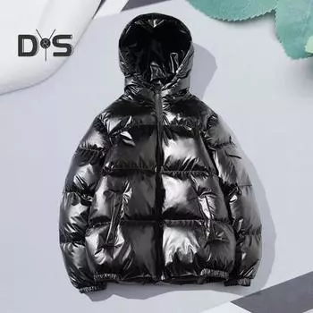 Мужское хлопковое пальто с капюшоном и длинным рукавом, стеганая куртка с глянцевой поверхностью и карманами, свободный крой, утолщенная теплая короткая верхняя одежда L чёрный