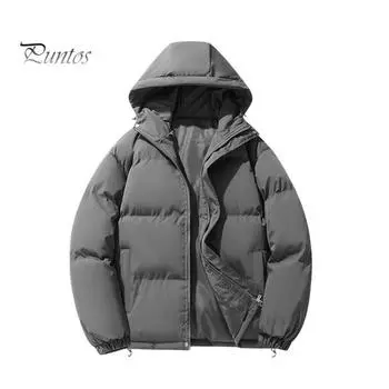 Мужское хлопковое пальто с капюшоном и длинным рукавом, застежка-молния, зимняя стеганая куртка, однотонное утолщенное теплое пуховое пальто M чёрный