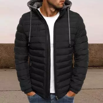 Мужское хлопковое пальто с капюшоном и завязками на шнурке, длинный рукав, теплая зимняя куртка с застежкой-молнией, плюшевая подкладка, плотная верхняя одежда M чёрный