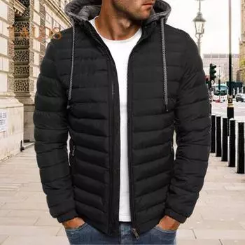 Мужское хлопковое пальто с капюшоном и завязками на шнурке, длинный рукав, теплая зимняя куртка с застежкой-молнией, плюшевая подкладка, плотная верхняя одежда M чёрный