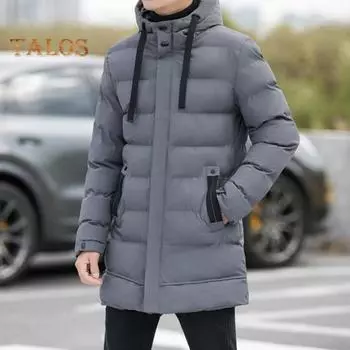 Мужское хлопковое пальто с капюшоном, завязками на шнурке, длинными рукавами, однотонная куртка, пальто с карманами, свободный крой, застежка-молния, стеганая верхняя одежда средней длины M серый