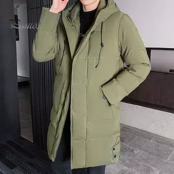 Мужское хлопковое пальто с капюшоном, завязками на шнурке, длинными рукавами, застежкой-молнией по всей длине, хлопковая куртка с боковыми карманами, однотонная зимняя верхняя одежда средней длины M зелёный