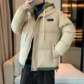 Мужское хлопковое пальто с капюшоном, зимнее пуховое пальто, куртка, ветровка для мужчин, уличная корейская модная одежда M чёрный