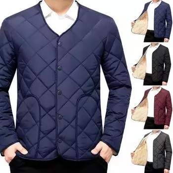 Мужское хлопковое пальто с круглым вырезом и длинным рукавом, с ромбовидной строчкой, на пуговицах, однотонное L чёрный