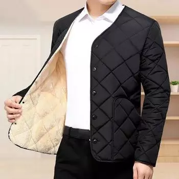 Мужское хлопковое пальто с круглым вырезом и длинным рукавом, ромбовидной строчкой, планкой на пуговицах, однотонное однобортное пальто с подкладкой из толстого бархата, верхняя одежда L чёрный