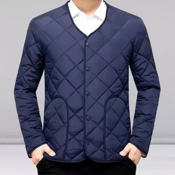 Мужское хлопковое пальто с круглым вырезом и длинным рукавом, с ромбовидной строчкой, с планкой на пуговицах, однотонное L серый