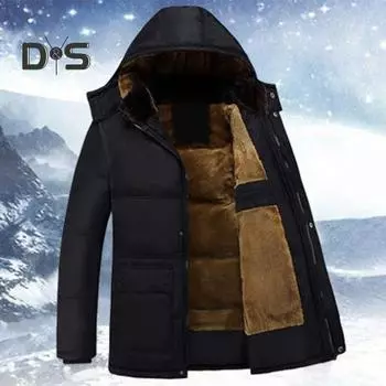 Мужское хлопковое пальто с воротником-стойкой и капюшоном, длинным рукавом, застежкой-молнией и пуговицами, куртка с планкой, однотонная утолщенная плюшевая подкладка, куртка средней длины XL чёрный