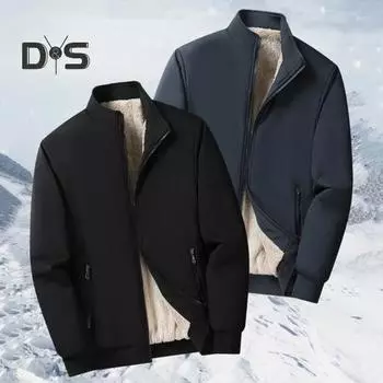 Мужское хлопковое пальто с воротником-стойкой, длинным рукавом, утолщенной бархатной подкладкой, зимняя куртка с карманами, однотонная деловая верхняя одежда L чёрный