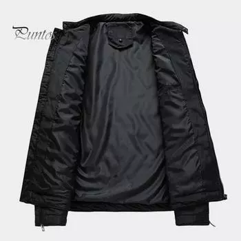 Мужское хлопковое пальто с воротником-стойкой, длинным рукавом, стеганая куртка, пальто с карманами на молнии, однотонная ветрозащитная верхняя одежда XXL чёрный
