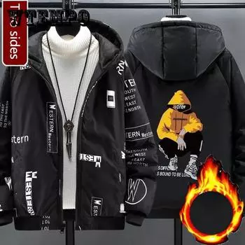 Мужское хлопковое пальто, зимняя хлопковая куртка с капюшоном, толстое теплое пальто, брендовый пуховик с принтом для молодежи 6XL