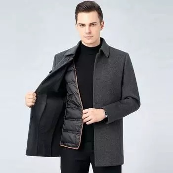 Мужское кашемировое пальто зимнее съемная подкладка из утиного пуха утолщенная шерстяная двусторонняя шерстяная деловая повседневная куртка 170