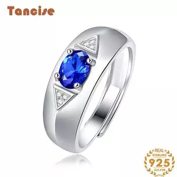 Мужское классическое кольцо из стерлингового серебра 925 пробы с синтетическим сапфиром, женские ювелирные изделия, свадебное обещание, подарок на вечеринку синий